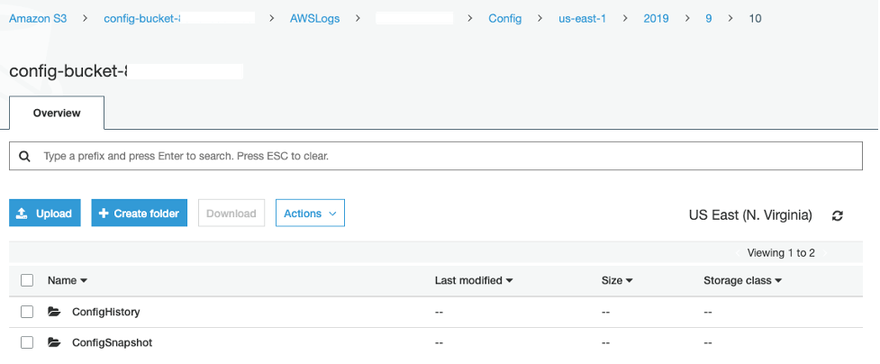 On the bucket page in the S3 console, there are ConfigHistory and ConfigSnapshot folders.
