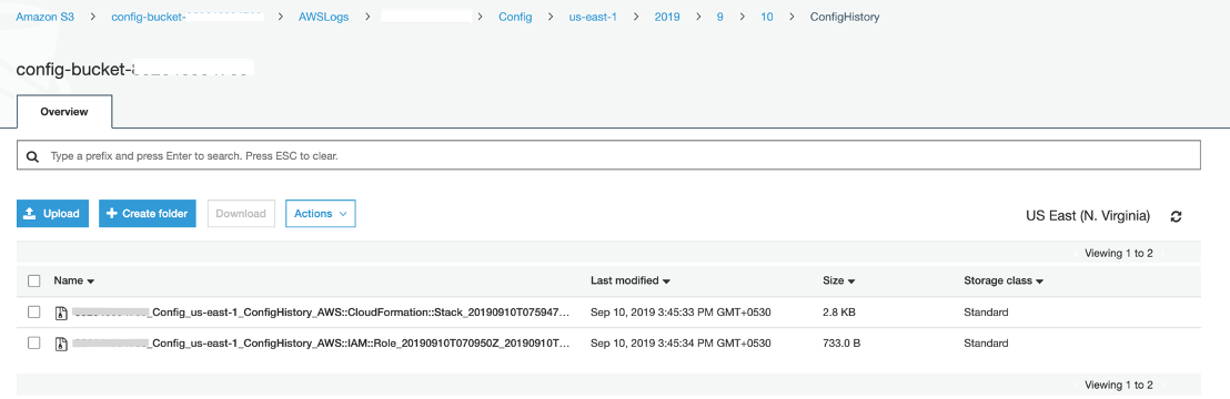 On the bucket page in the S3 console, there are two configuration history files, both of which were last modified on September 10, 2019.