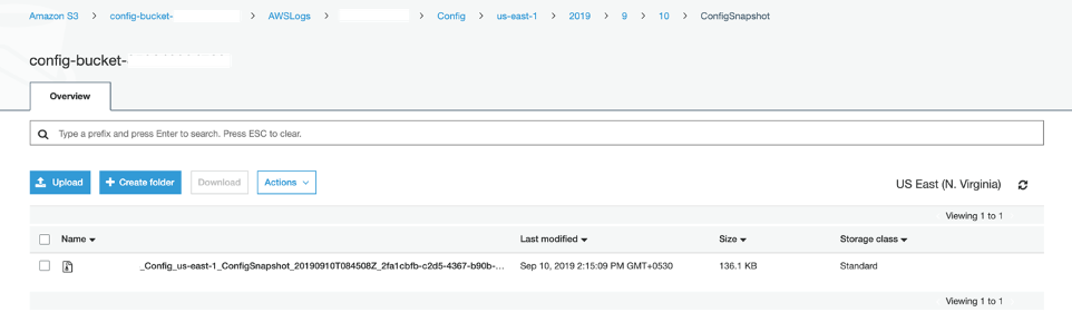 On the bucket page of the S3 console, there is one configuration snapshot file. It was last modified on September 10, 2019.