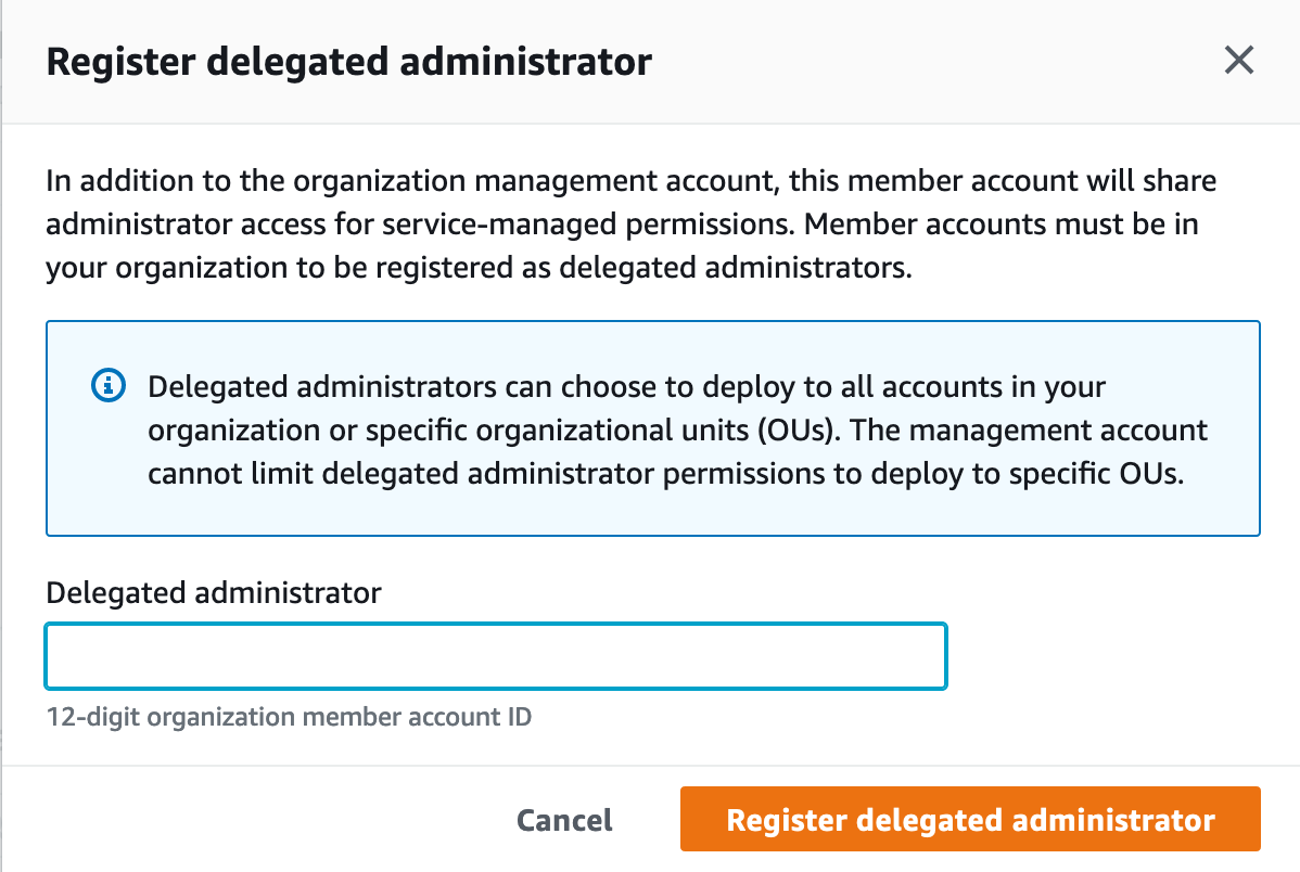 Shows the page to register a delegated administrator
