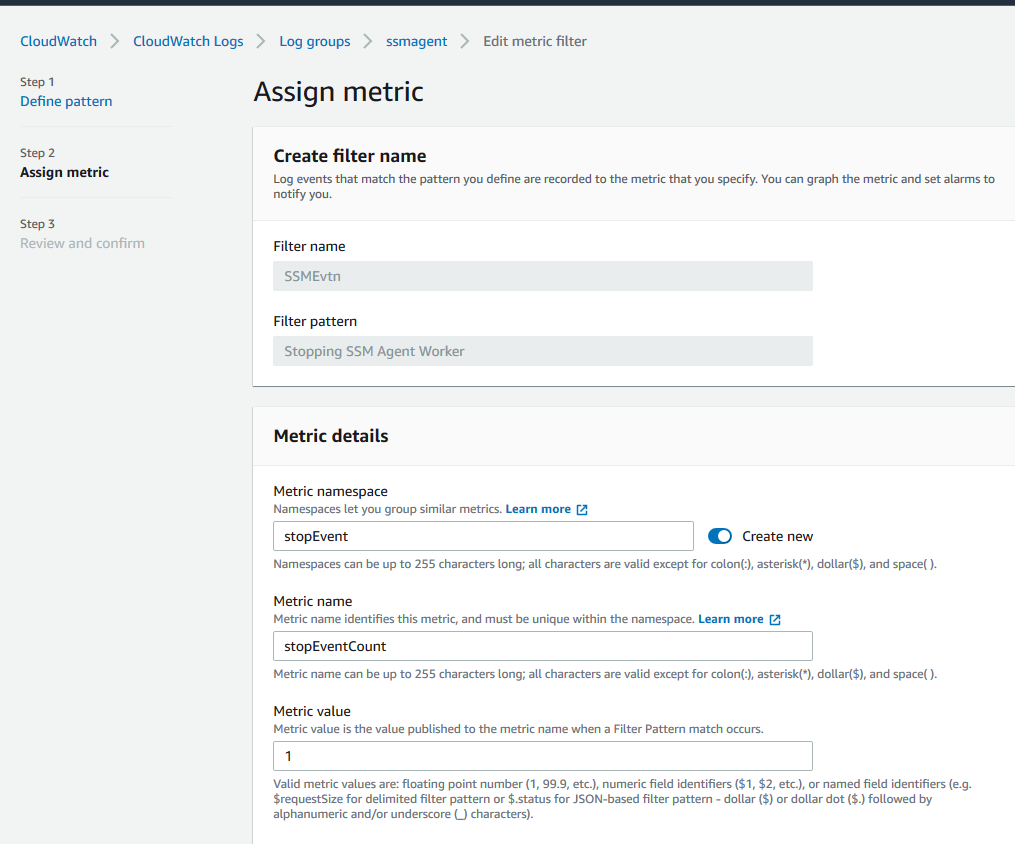 Assign metric page of the CloudWatch console