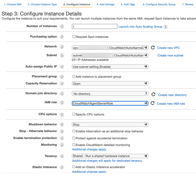 The Configure Instance Details page displays selections for the VPC, Subnet, and IAM role fields.