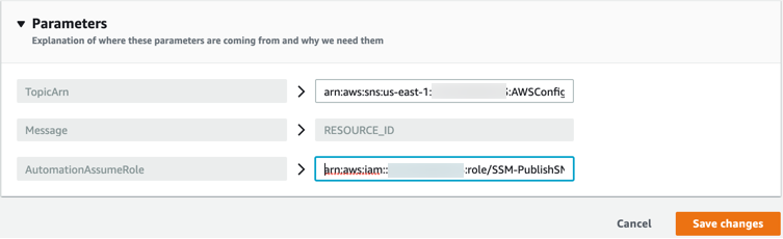 In Parameters, the AutomationAssumeRole and TopicArn key and value sets for the AWS-PublishSNSNotification remediation action are displayed