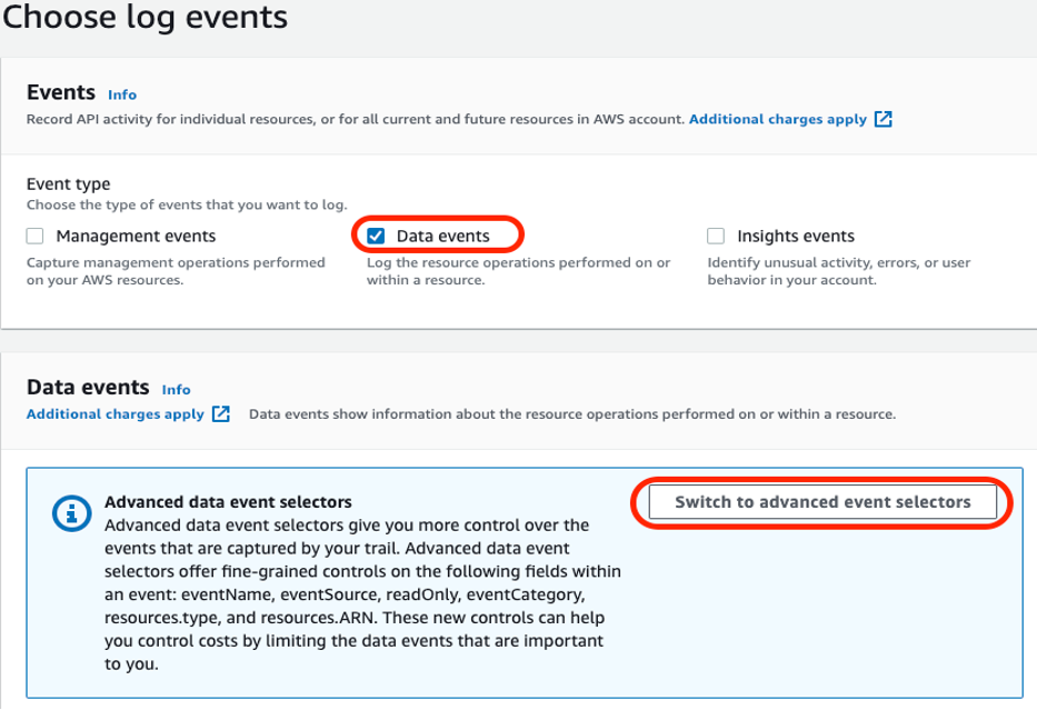 Figure 3: Selecting data events and advanced event selectors