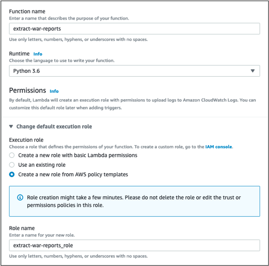 Image of creating Lambda function showing data inputs provided in above text.
