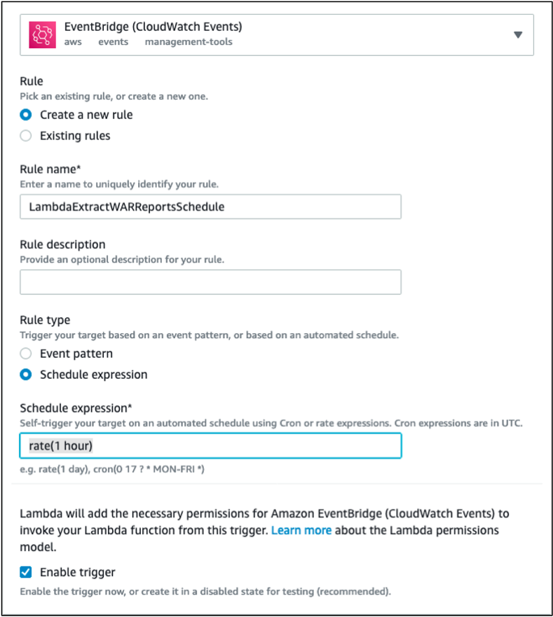 Image of Lambda trigger configuration, showing data inputs provided in above text.
