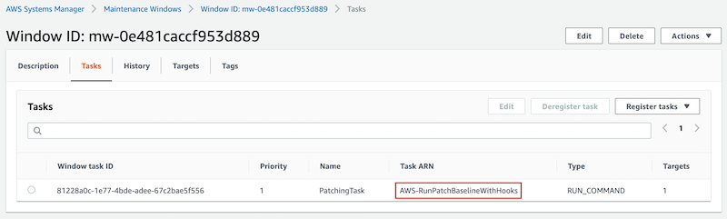 Under Tasks, a windows task ID named PatchingTask with a priority of 1 and a type of RUN-COMMAND is displayed. Its task ARN is AWS-RunPatchBaselineWithHooks.