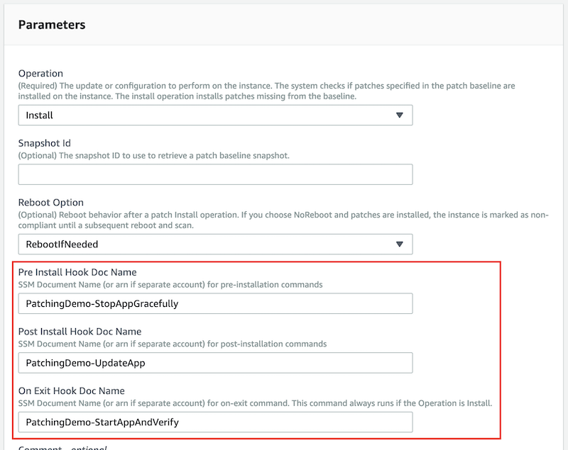 In Parameters, for the pre-install hook document name, PatchingDemo-StopAppGracefully is displayed. For the post-install hook document name, PatchingDemo-UpdateApp is displayed. For the on-exit hook document name, PatchingDemo-StartAppAandVerify is displayed.