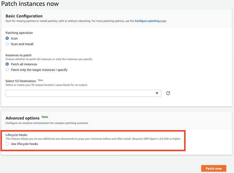 Advanced options let you configure on-instance orchestration for complex patching scenarios. The lifecycle hooks feature allows you to use additional SSM documents to prepare your instances before and after installation.