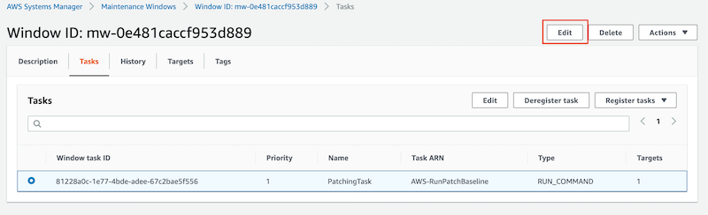 The window task named PatchingTask with a priority of 1 and a type of RUN_COMMAND is selected.
