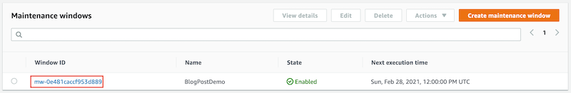 Under Maintenance windows, the window ID with the name BlogPostDemo and a state of Enabled is highlighted. 