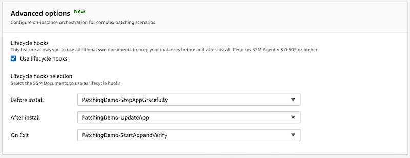 Under Lifecycle hooks selection, for Before install, PatchingDemo-StopAppGracefully is selected. For After install, PatchingDemo-UpdateApp is selected. For On Exit, PatchingDemo-StartAppandVerify is selected.