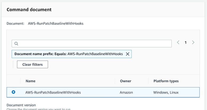 AWS-RunPatchBaselineWithHooks is selected. Its owner is Amazon. Its platform types are Windows and Linux.