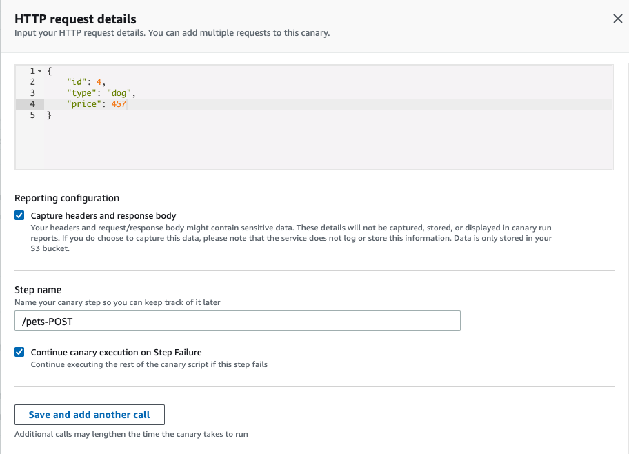 The Capture headers and response body and Continue canary execution on Step Failure are selected. In Step name, /pets-POST is displayed.