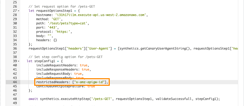 In the canary script, in restrictedHeaders, [x-amz-apigw-id] appears in the configuration for /pets-GET.