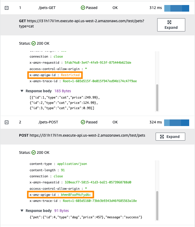 Request and response for /pets-GET and /pets-POST. Both have a status of 200 OK.