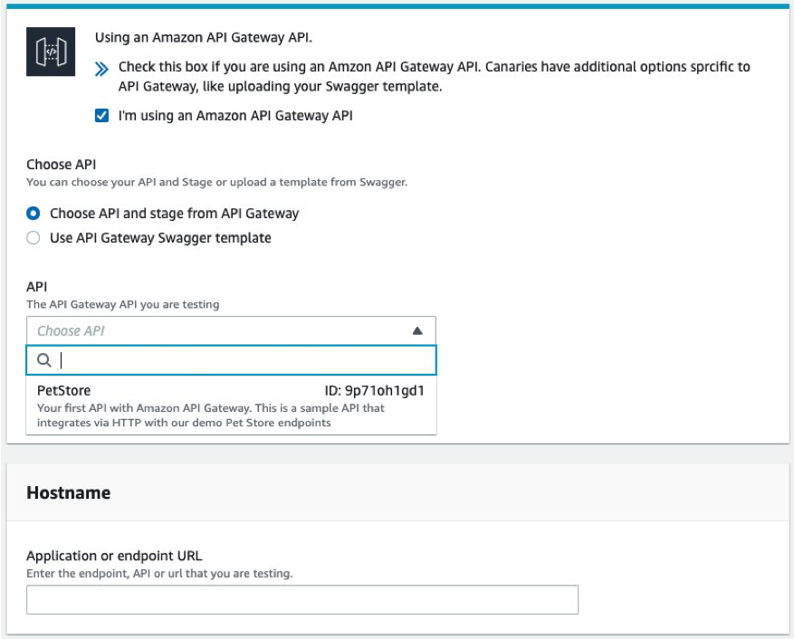 The blueprint for Amazon CloudWatch Synthetics displays the selections used in the procedure step.
