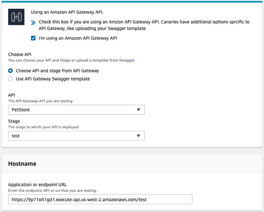 The Application or endpoint URL field is populated based on selections in the API and Stage fields.