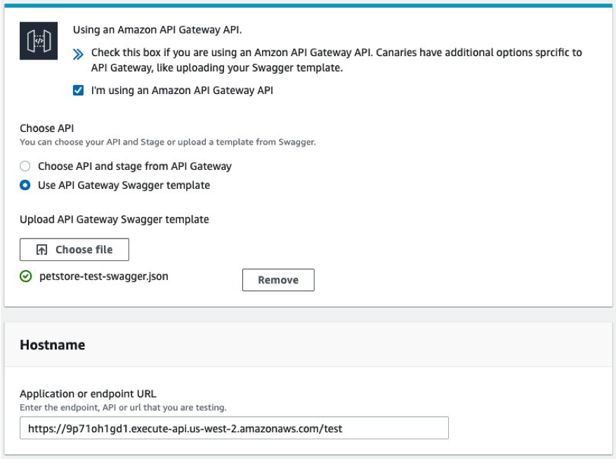 Under Choose API, the Use API Gateway Swagger template option is selected. The Application or endpoint URL field is populated based on the Swagger template, petstore-test-swagger.json.