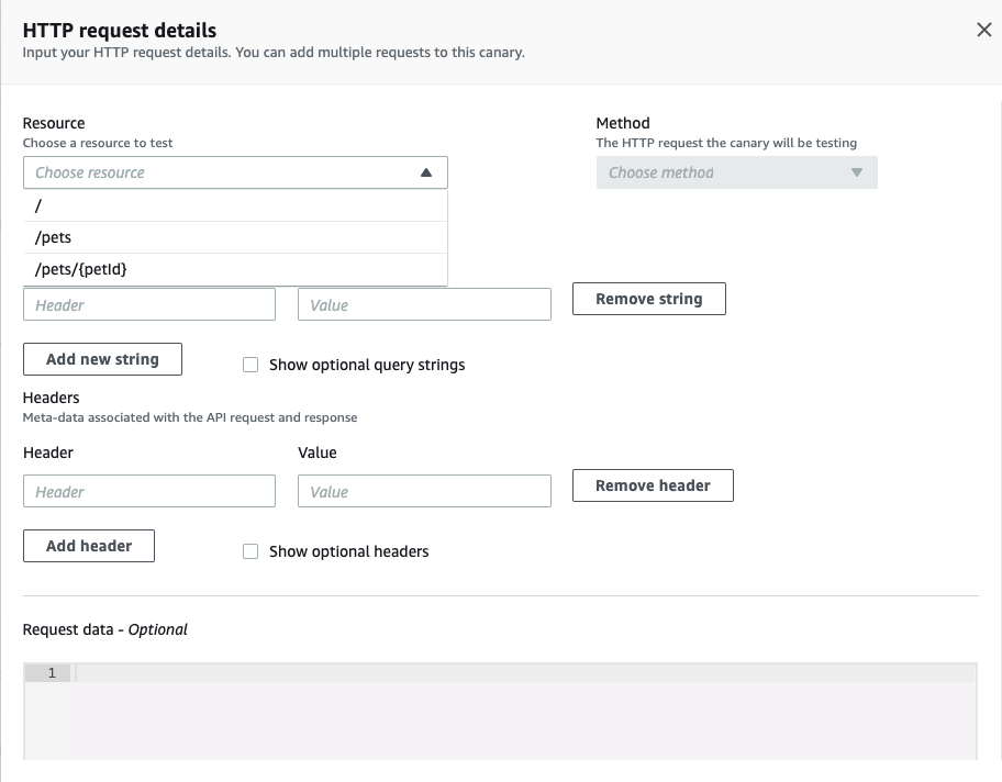 HTTP request details include fields for the resource to test and the HTTP request the canary will test. It also includes fields for header and value and Add new string and Remove string buttons.