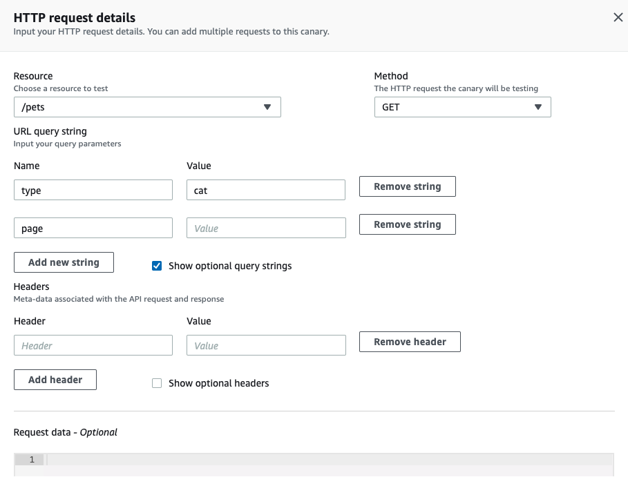 Under Method, GET is selected for the /pets resource. Under URL query string, the Name fields displays type. The Value field displays cat.