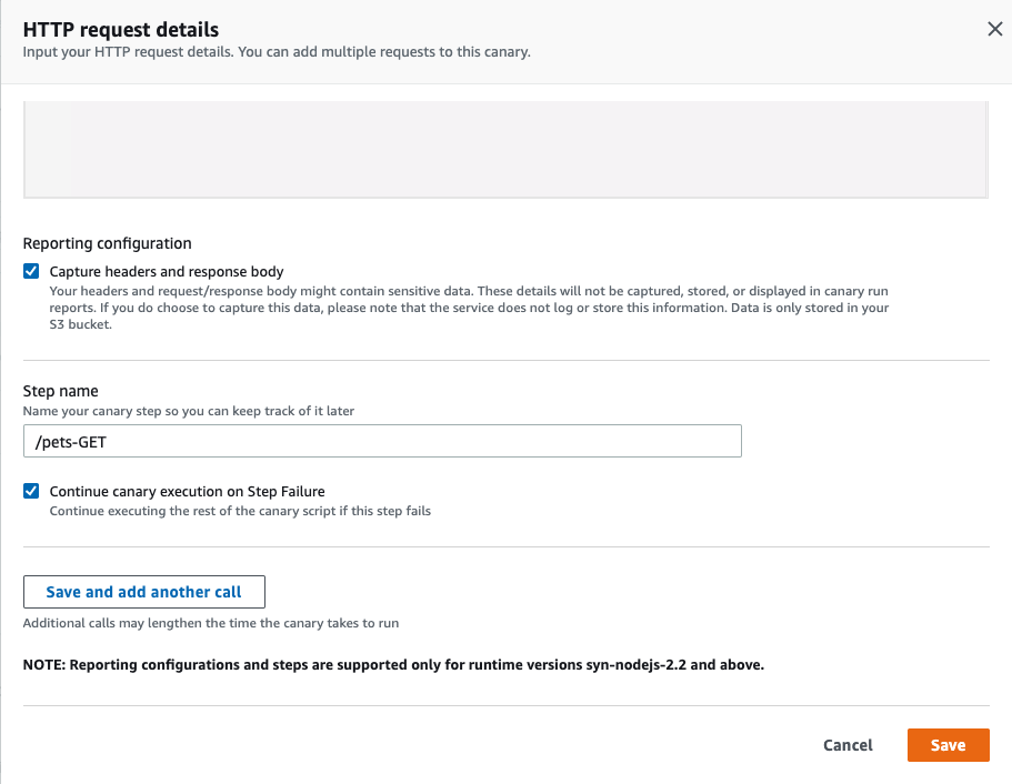 Under HTTP request details the Capture headers and response body and Continue canary execution on Step Failure check boxes are selected. In Step name, /pets-GET is displayed.