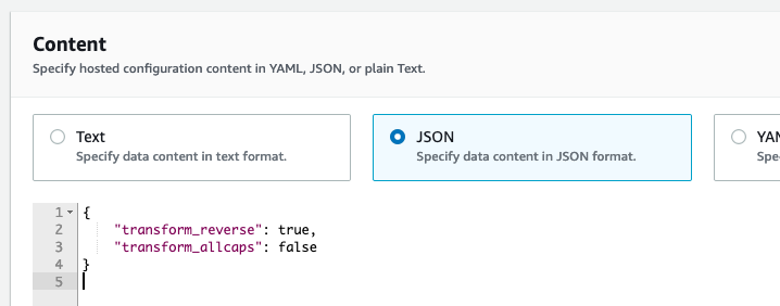 Under Content, there are Text, JSON, and YAML options. The JSON option is selected, and the JSON document is entered into the text field.
