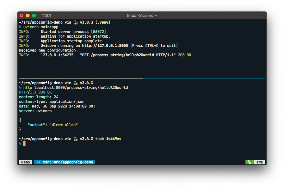 The demo application is running in a terminal window. The httpie tool is used to make a request to the application. The output shows the input has been reversed.