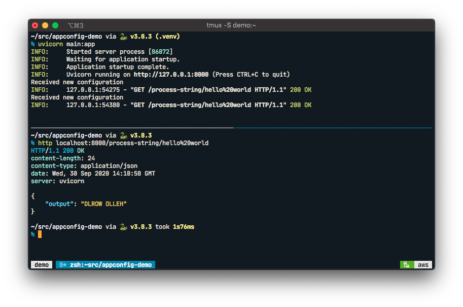 In the top half of the terminal window, the demo application is running as before and has not been restarted. In the bottom half, the httpie tool is used to make a request to the application. The output shows the input has been reversed and capitalized.