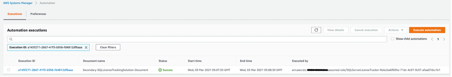 The execution ID is displayed in a table along with details like document name (Secondary-SQLLicenseTrackingSolution-Document), status (Success), start time, end time, and executed by.