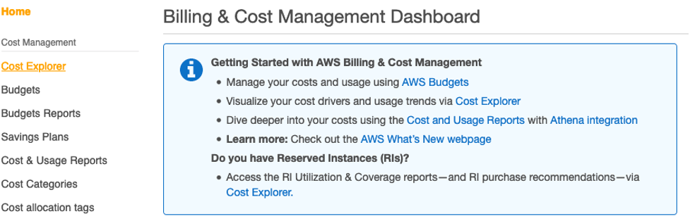 The left navigation pane displays Cost Management, Cost Explorer, Budgets, Budgets Reports, Savings Plans, Cost and Usage Reports, Cost Categories, and Cost allocation tags.