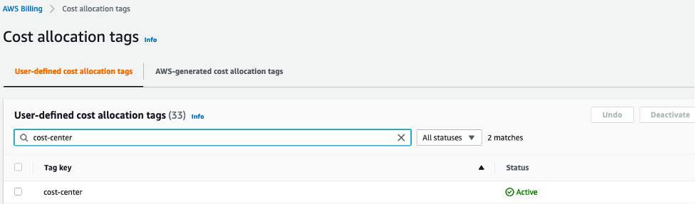 Under User-defined cost allocation tags, cost-center is entered in the search field. It appears in a list with a status of Active. 