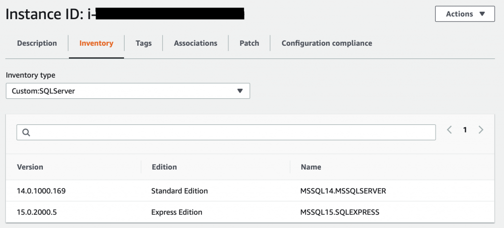 On the Inventory tab, Custom:SQLServer is selected from the Inventory type list. The list includes columns for version, edition, and name.