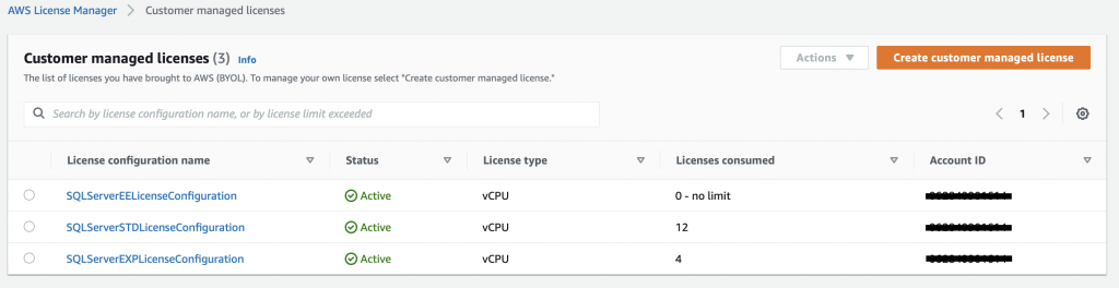 There are three license configurations displayed in the list, all with a status of Active and all with a license type of vCPU. In addition to these details, there are columns for the license configuration name, licenses consumed, and account ID.