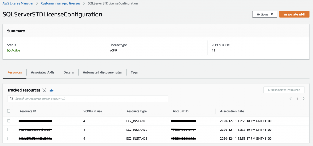 In the Summary section, the status of SQLServerSTDLicenseConfiguration is Active. There are three entries in the Tracked resources list.