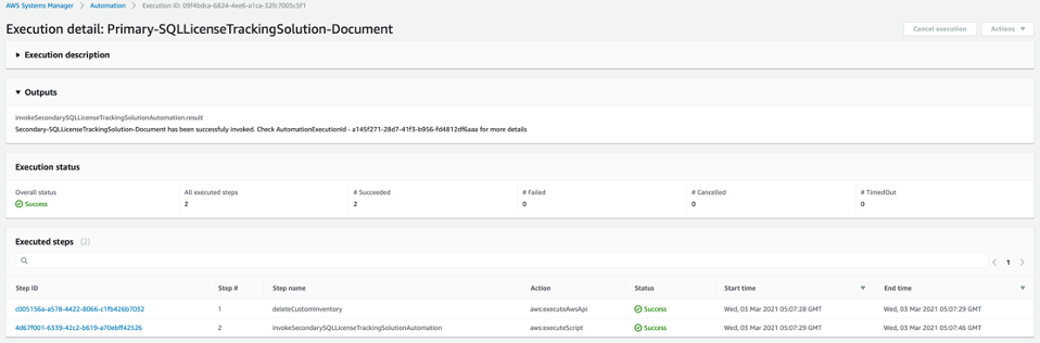 On the Outputs section, the result is available for the execution along with the executed steps.