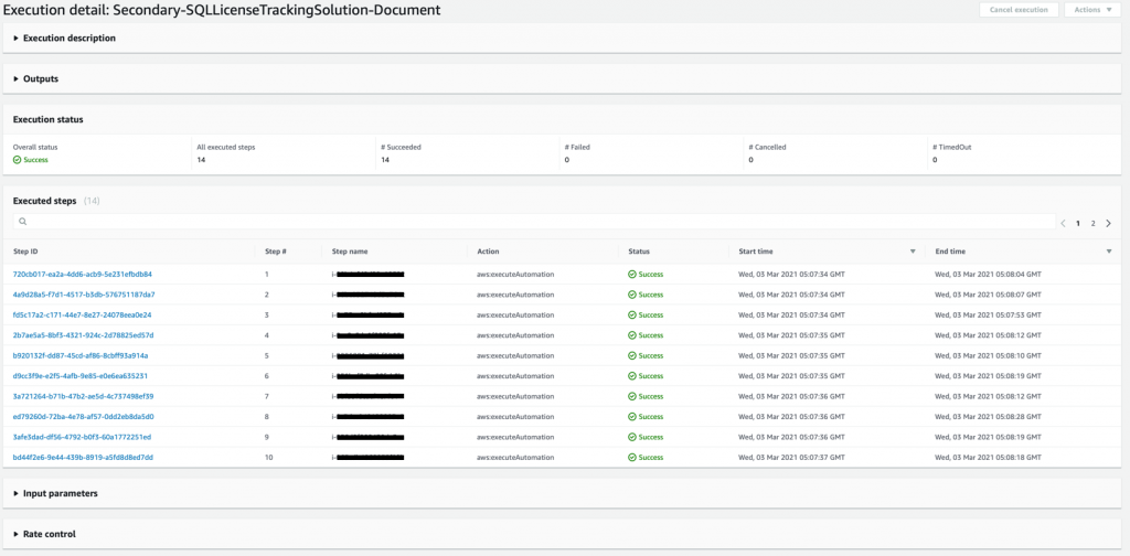 On the details page for the execution ID, there is a list of step ID, step #, step name, actions, status, start time, and end time.