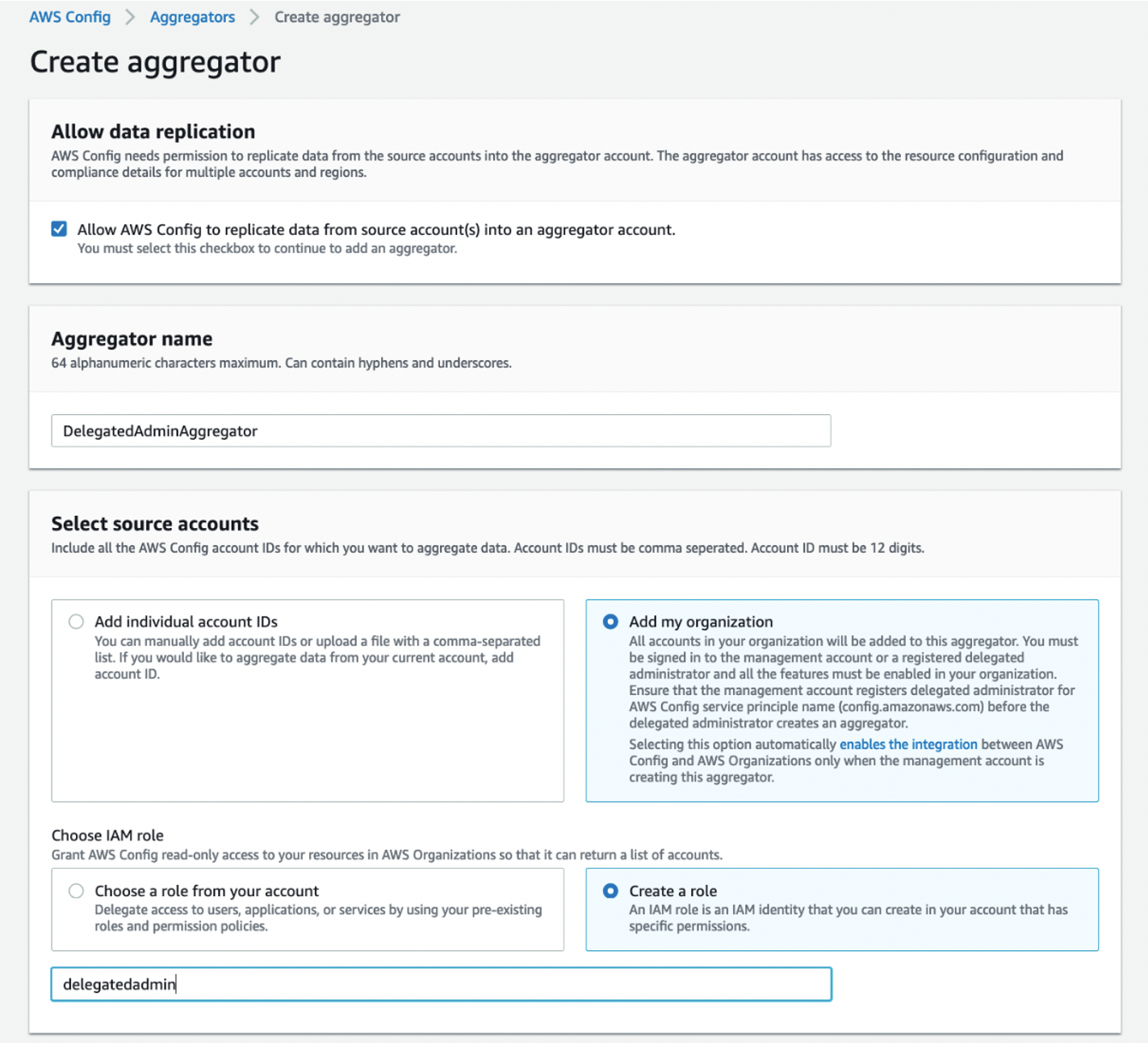 Create aggregator page displays fields selected and completed as described in the body of the post.