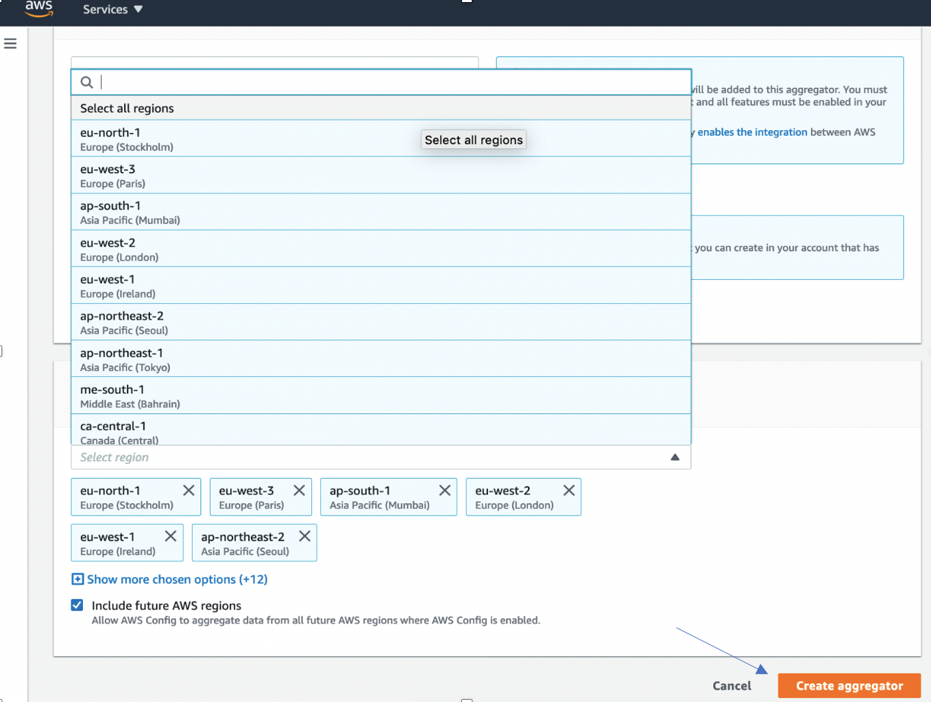 All AWS Regions are displayed. The Include future AWS regions checkbox is selected.