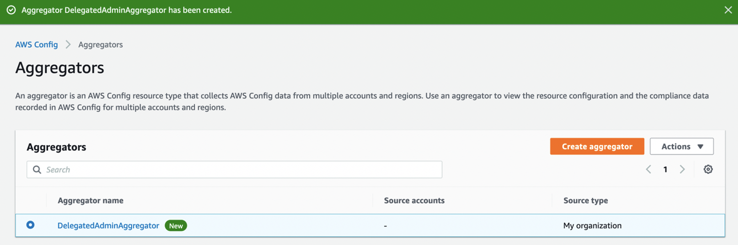 The DelegatedAdminAggregator with a label of New is displayed on the Aggregators page. 