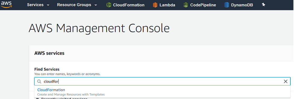 The AWS Management Console provides a search field you can use to find AWS services.