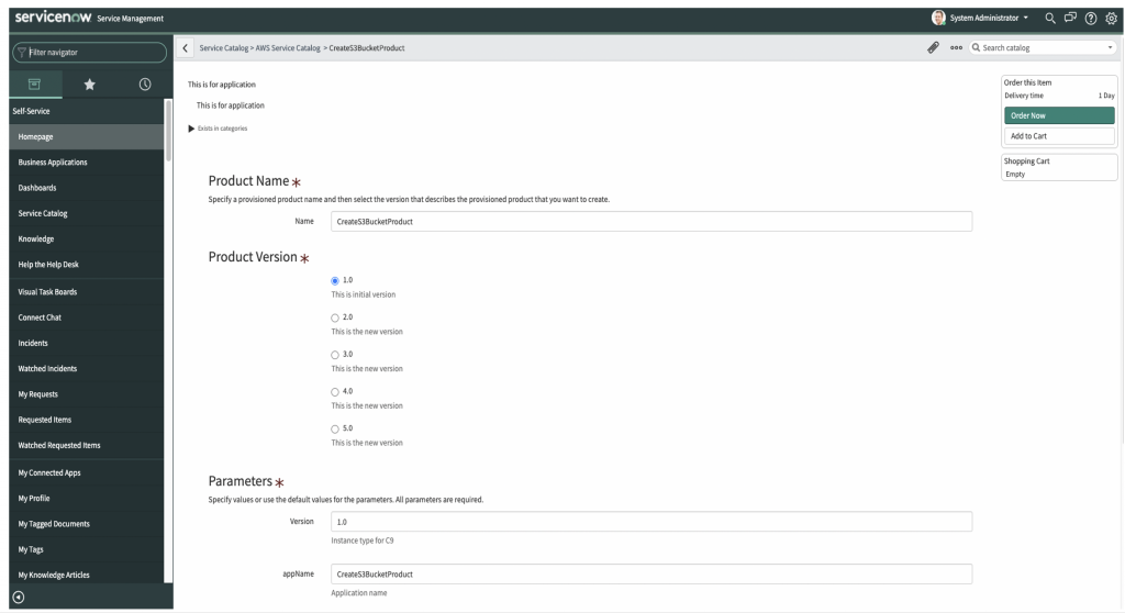 ServiceNow console shows successful synchronization of the CreateS3BucketProduct. Its initial version, 1.0, is selected.