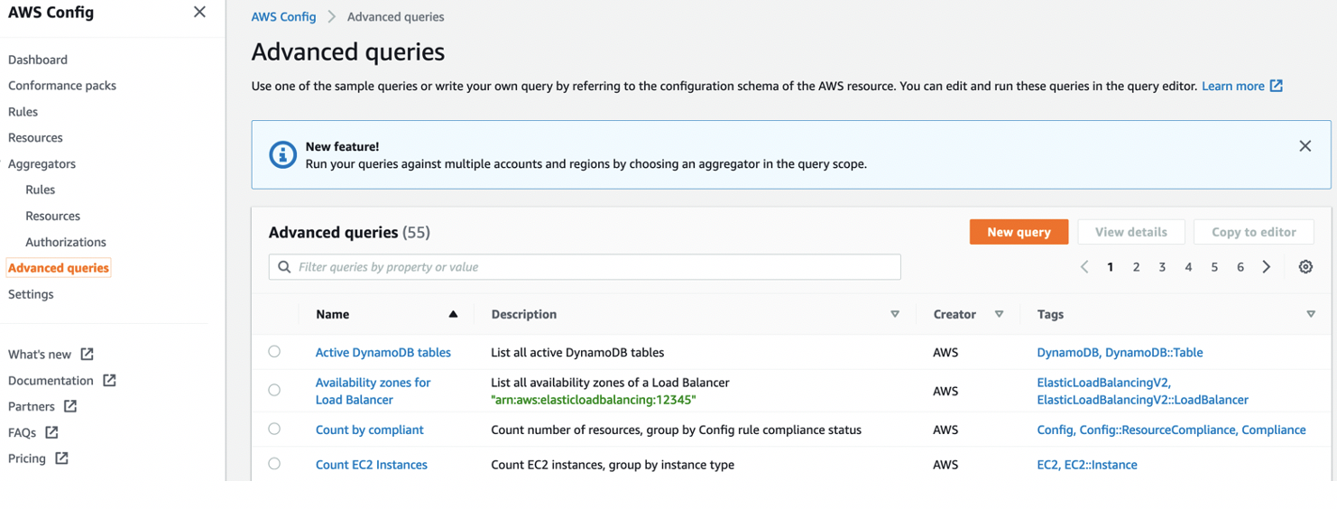 There are 55 advanced queries in the list, including Active DynamoDB tables, Availability zones for Load Balancer, Count by compliant, and Count EC2 Instances.