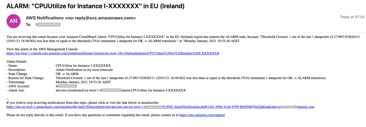 Cutomized CloudWatch alarm notification message using local time zone (AEST)