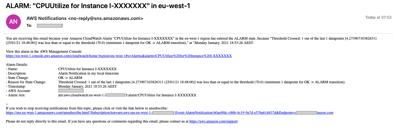 Cutomized CloudWatch alarm notification message using local time zone (AEST)