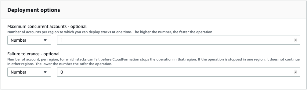 Under Maximum concurrent accounts, Number is selected and set to 1. Under Failure tolerance, Number is selected and set to 0.