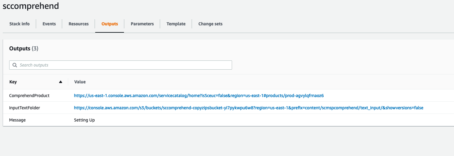 In the outputs tab on the CloudFormation console, choose the InputTextFolder, then upload your text files