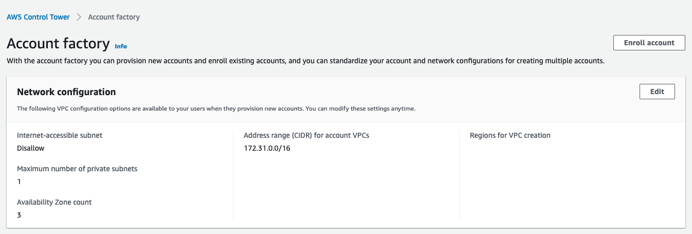 The network configuration section of Account Factory displays the following fields: Internet-accessible subnet; maximum number of private subnets; Availability Zone count; address range (CIDR) for account VPCs; and Regions for VPC creation.