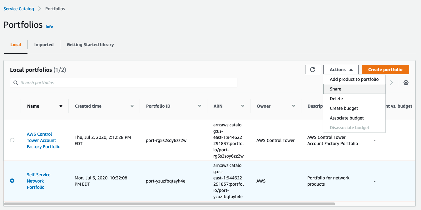 Under Local portfolios, Self-Service Network Portfolio is selected. From the Actions menu, Share is selected.