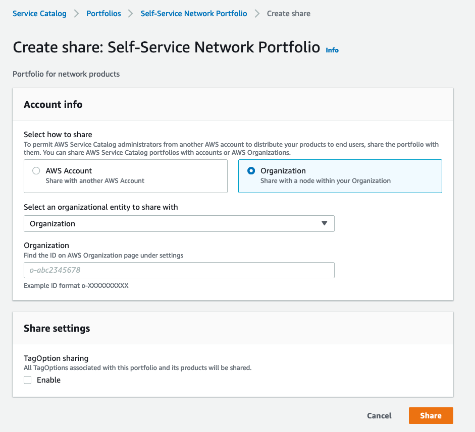 Under Account info, the Organization radio button is selected. Under Select an organizational entity to share with, Organization is selected. Under Organization, there is a field where you can enter your organization ID.